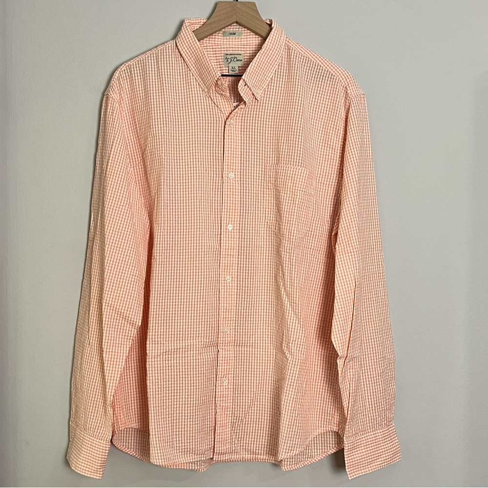 NWT J. Crew Men’s Button Down Shirt in Orange and White Gingham Plaid Si…